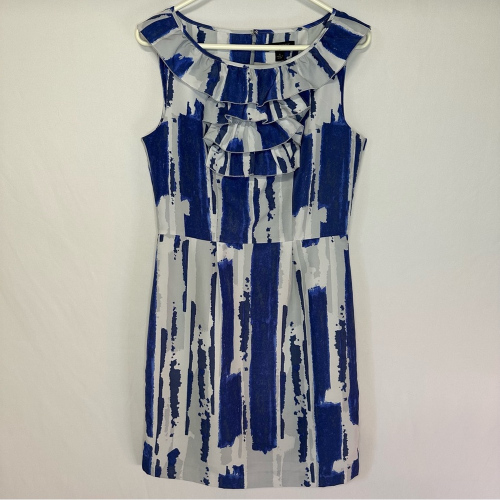 Banana Republic Ruffle Front Sheath Dress Blue Gray White Size 6